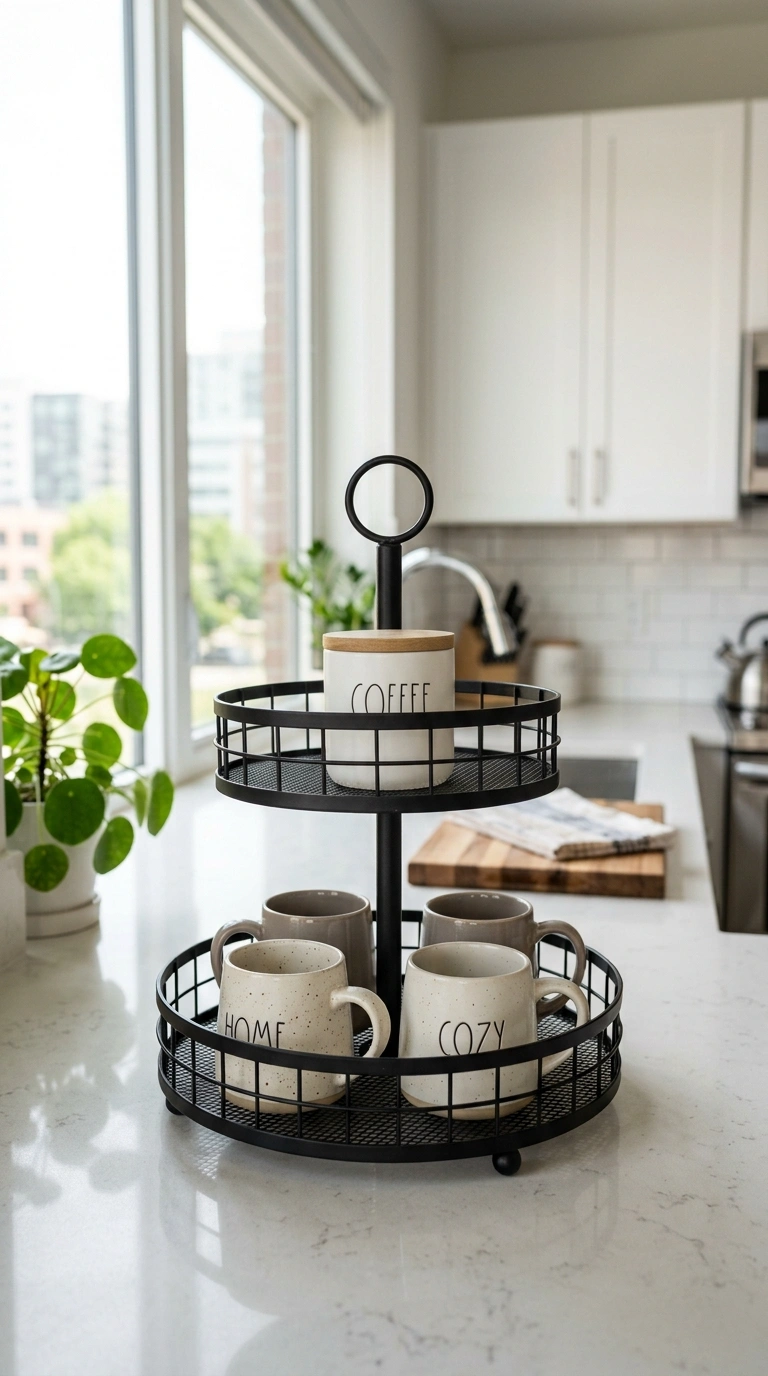 022 Tiered Stand Display A two tier metal stand on a k