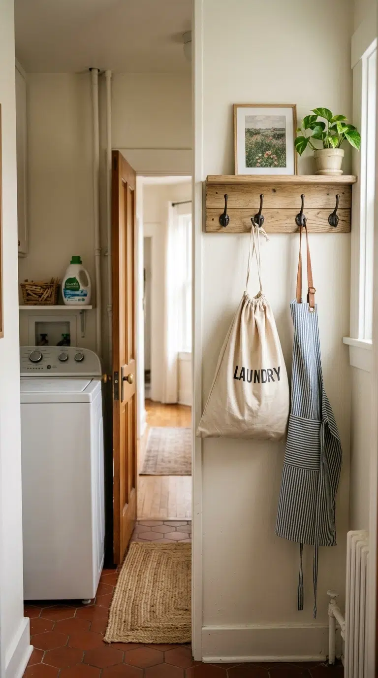 022 Wall Mounted Hook Rail A narrow laundry room with