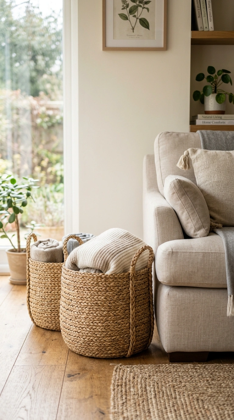 022 Woven Basket Storage A living room with two woven