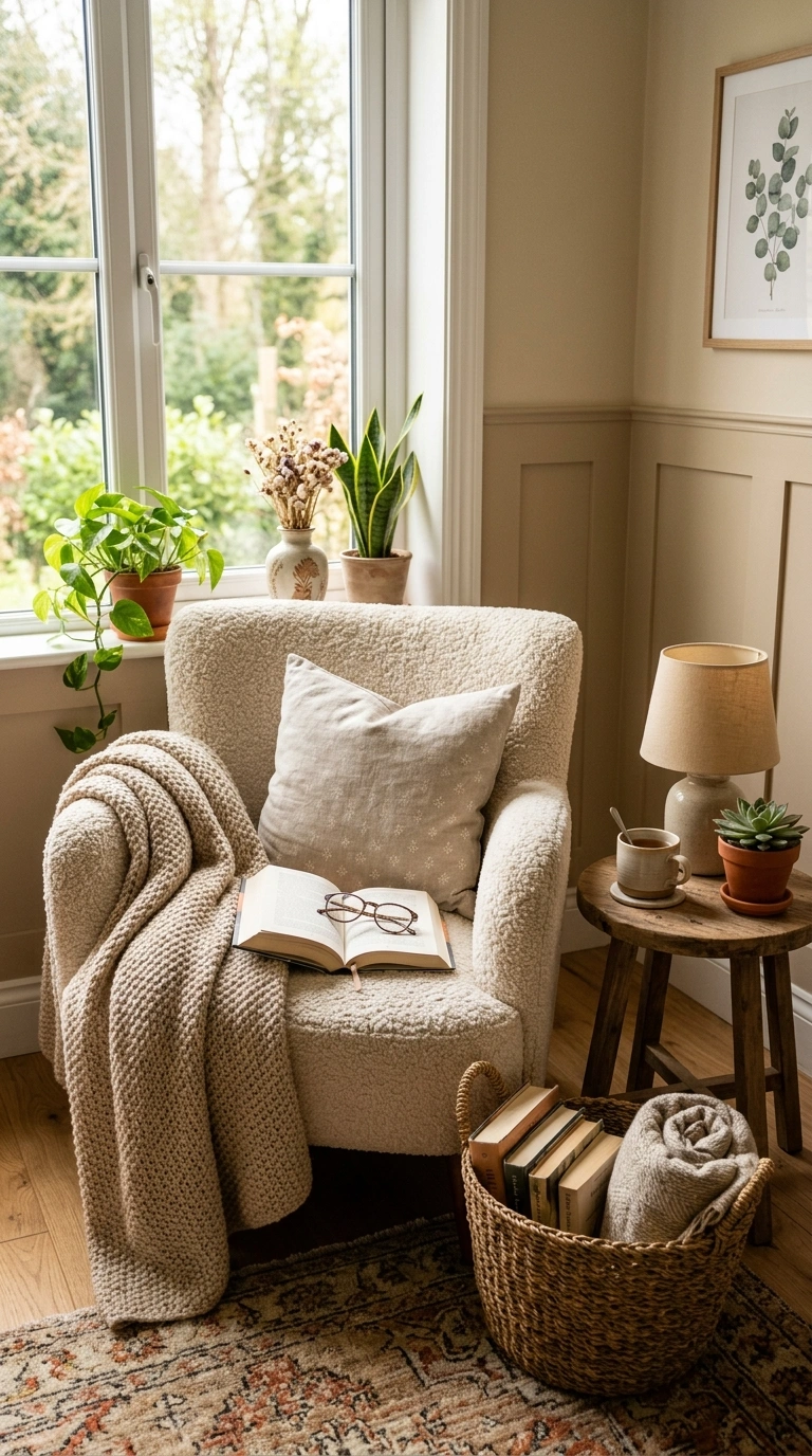 023 Cozy Reading Nook A single boucle armchair placed