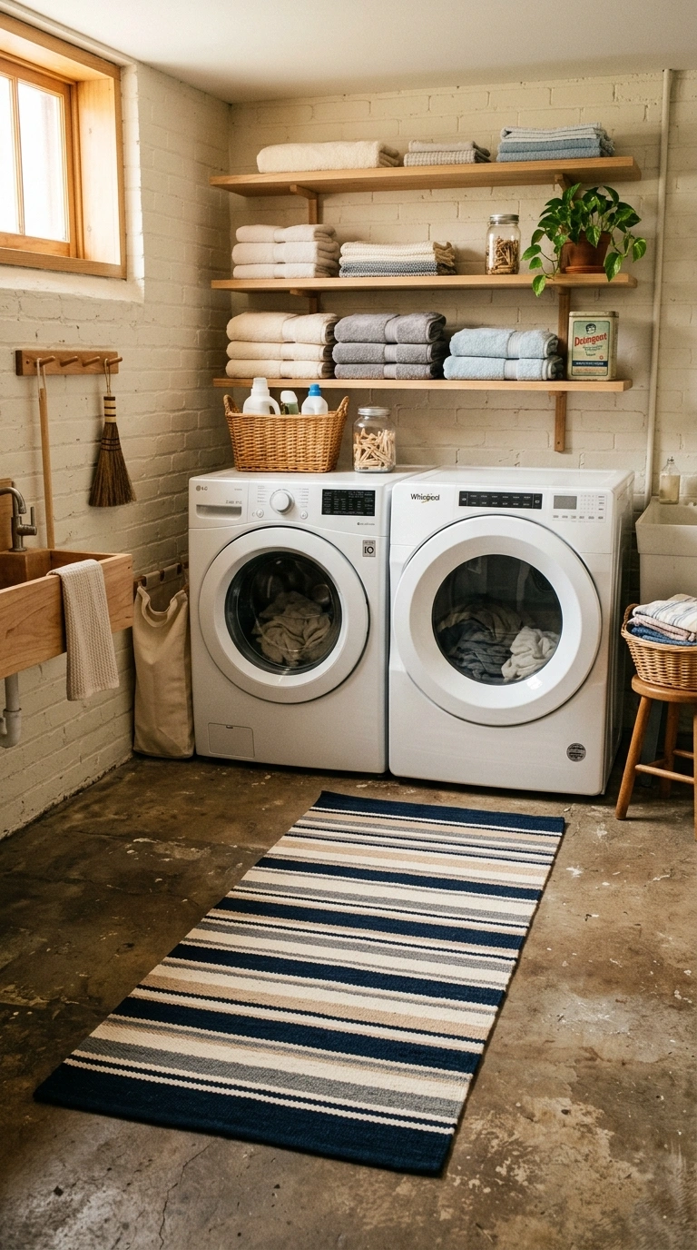 023 Cozy Rug Layer A basement laundry room with a stri