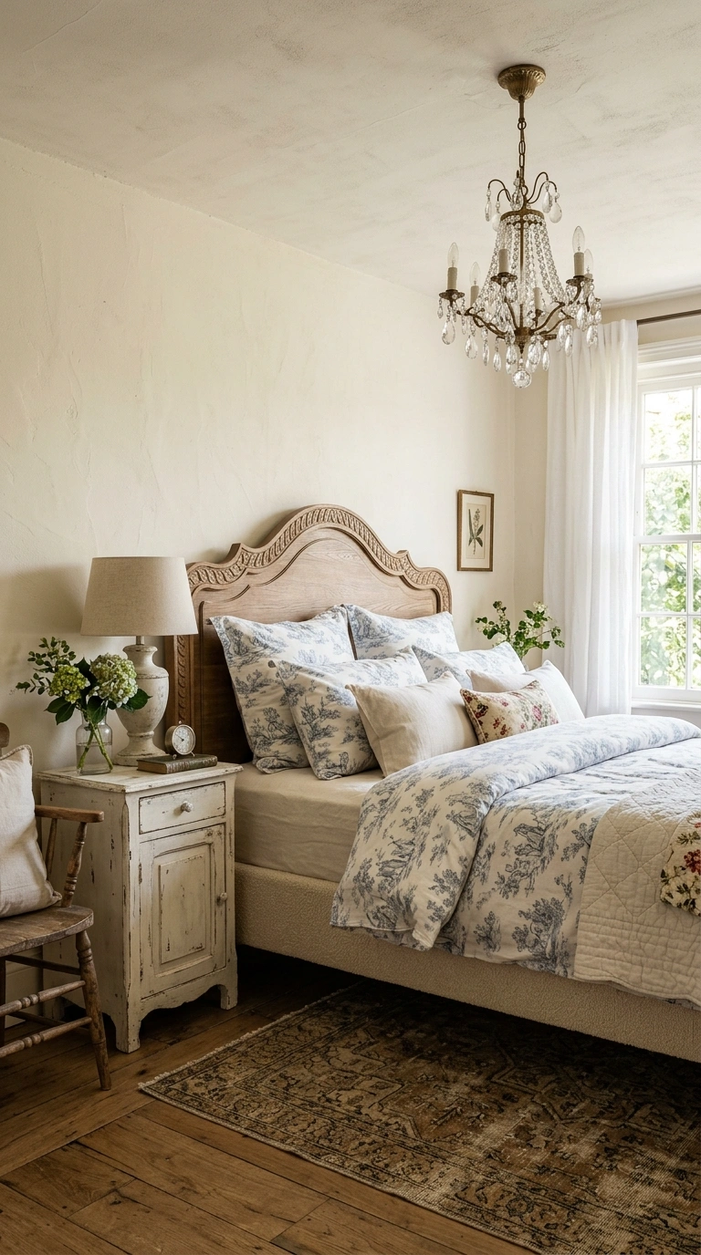 023 French Country Bedroom A bedroom with a curved sca