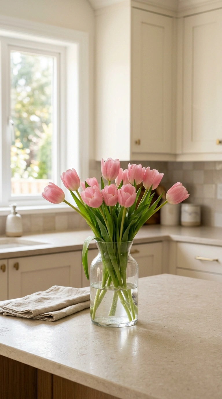 023 Fresh Flower Vase A kitchen counter with a simple