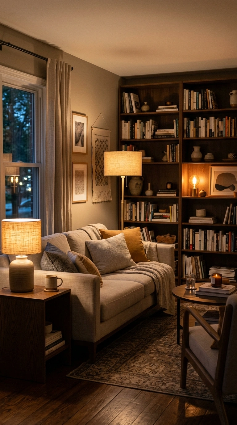023 Warm Lamp Layering A living room in the evening wi