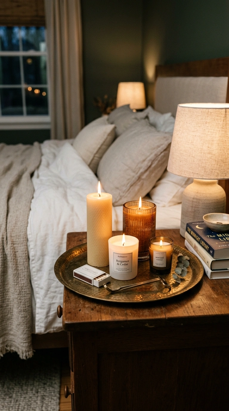 024 Bedside Candle Styling A bedroom nightstand with a