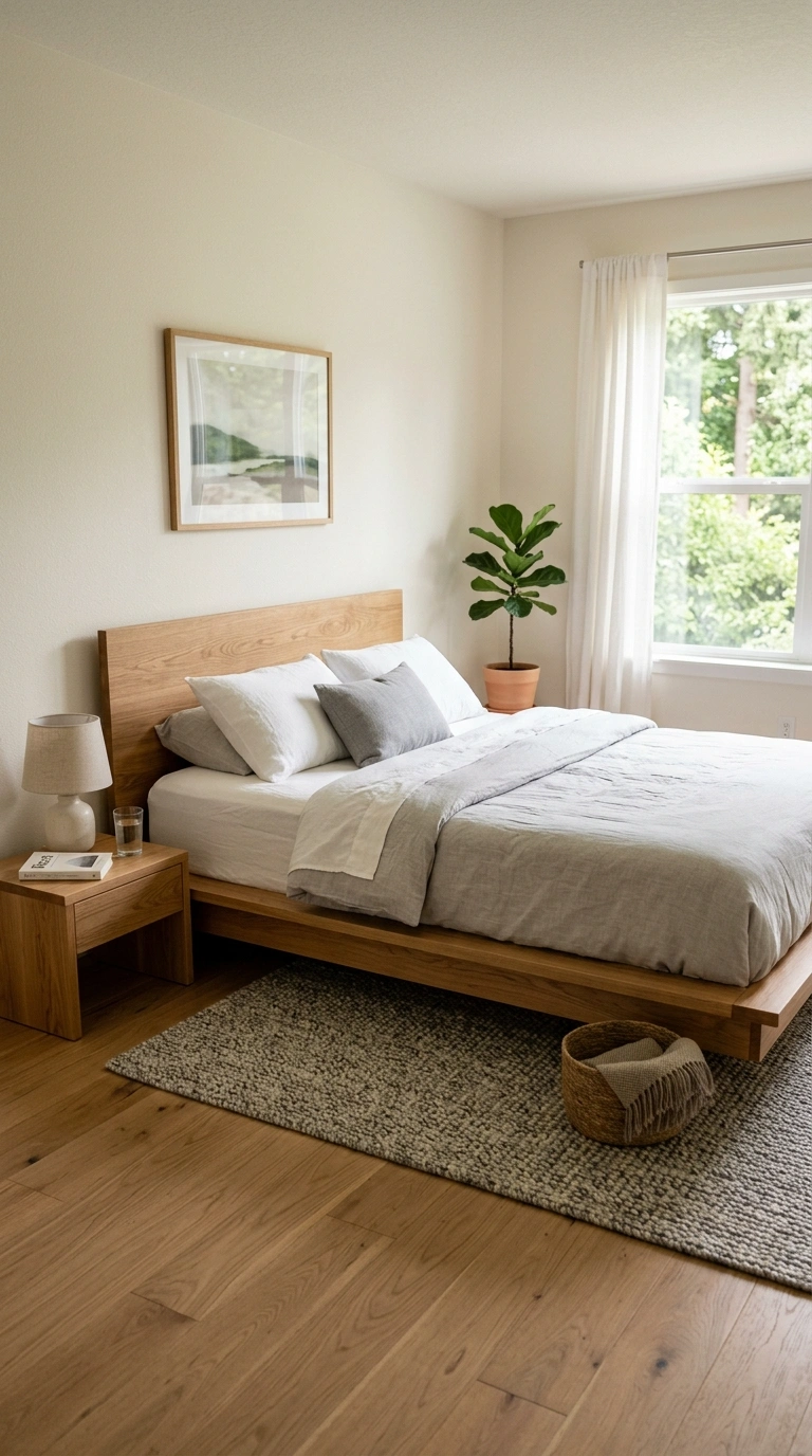 024 Low Platform Bed A bedroom with a low solid wood p
