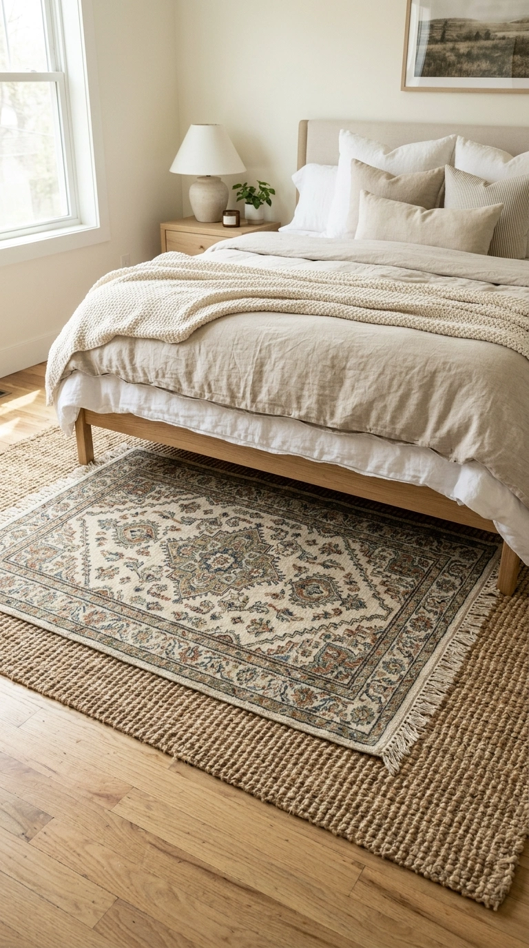 026 Layered Area Rugs A bedroom floor with a large jut