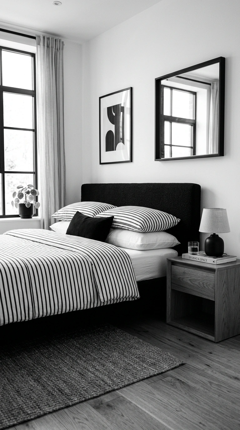 027 Black And White A bedroom with white walls a black