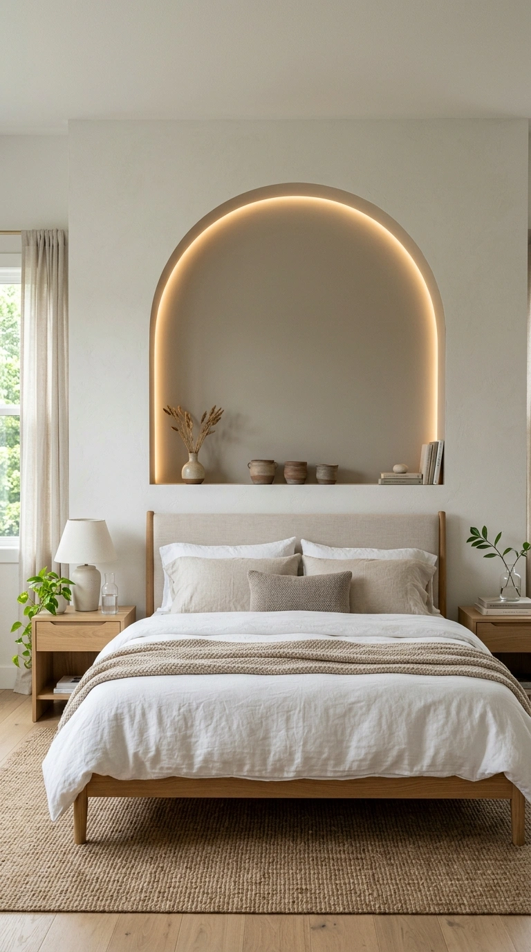 029 Curved Wall Niche A bedroom with a curved arched n