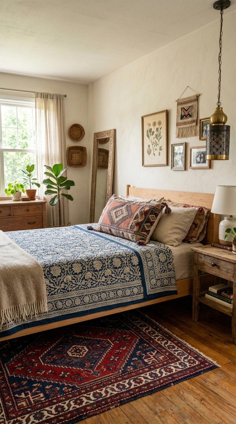 030 Global Eclectic Bedroom A bedroom with a plain woo