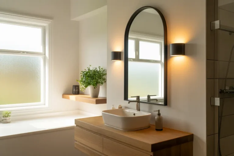 Soft neutrals like white, warm beige, sage green, and light gray tend to look modern and timeless. These shades also make it easy to add texture through tile, wood, or woven decor without the wall feeling too busy