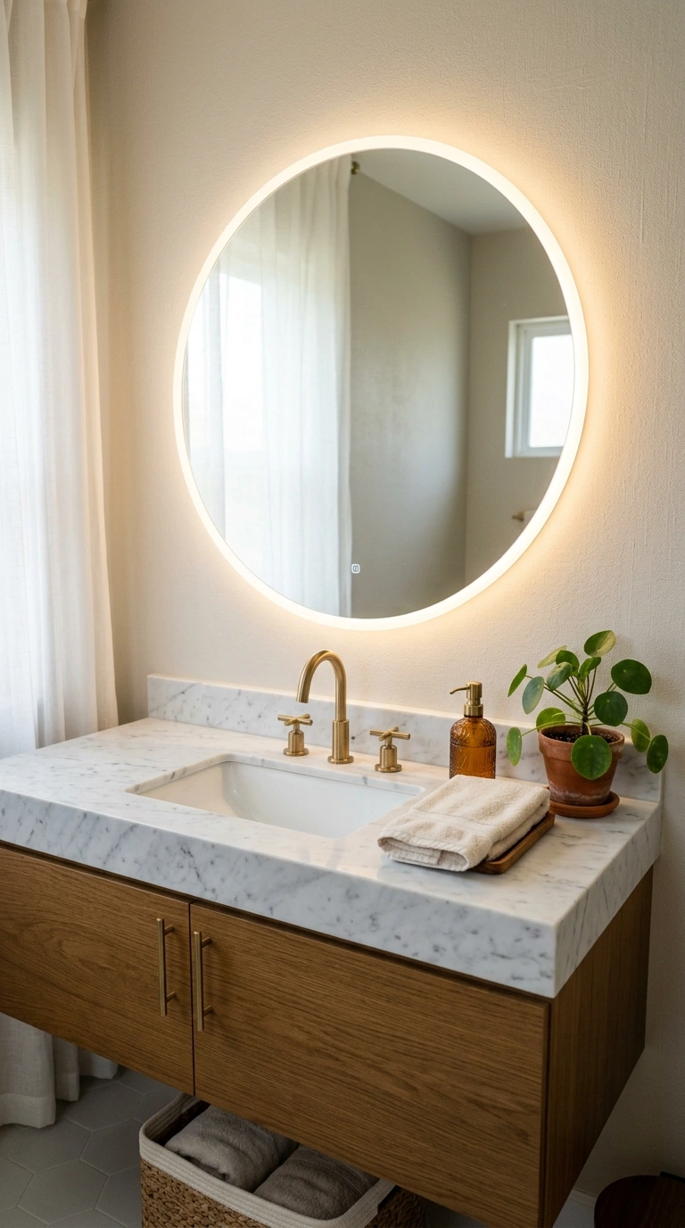 001 Backlit Round Mirror A bathroom vanity with a larg
