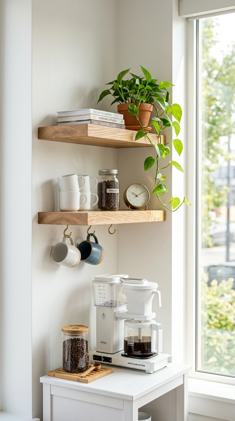001 Floating Corner Shelf A corner of a bright office