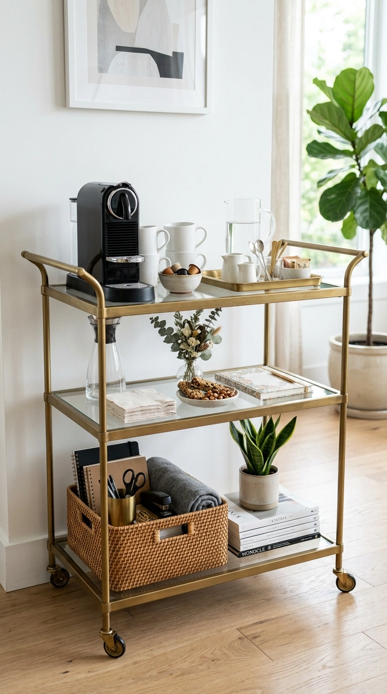 002 Rolling Bar Cart Setup A brass three tier bar cart
