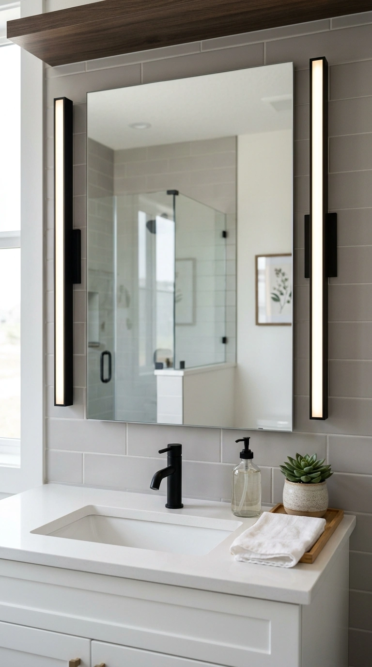 002 Vertical LED Strips A bathroom mirror with two sli
