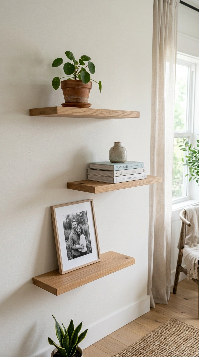 004 Floating Shelf Display A room corner with three st