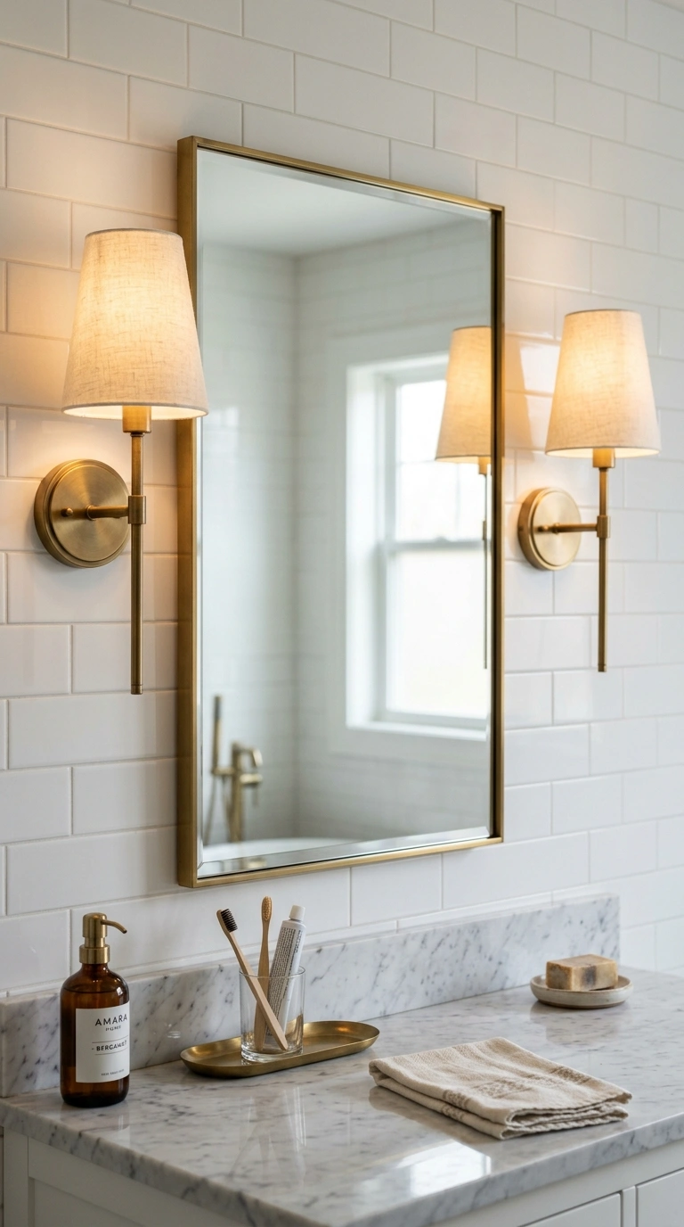 004 Wall Sconce Pair A bathroom mirror flanked by two