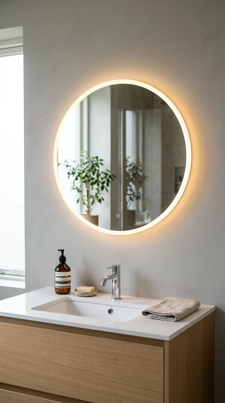 005 Halo Ring Light A round bathroom mirror with a glo