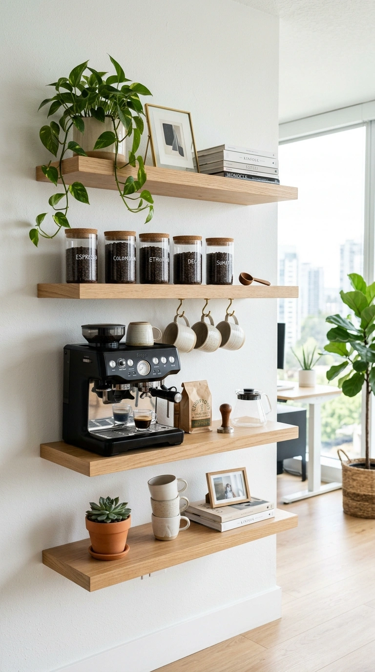 005 Open Wall Shelving A wide office wall with four st
