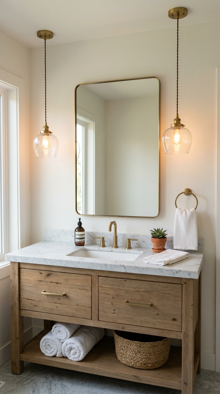 007 Pendant Light Duo A bathroom vanity with two small