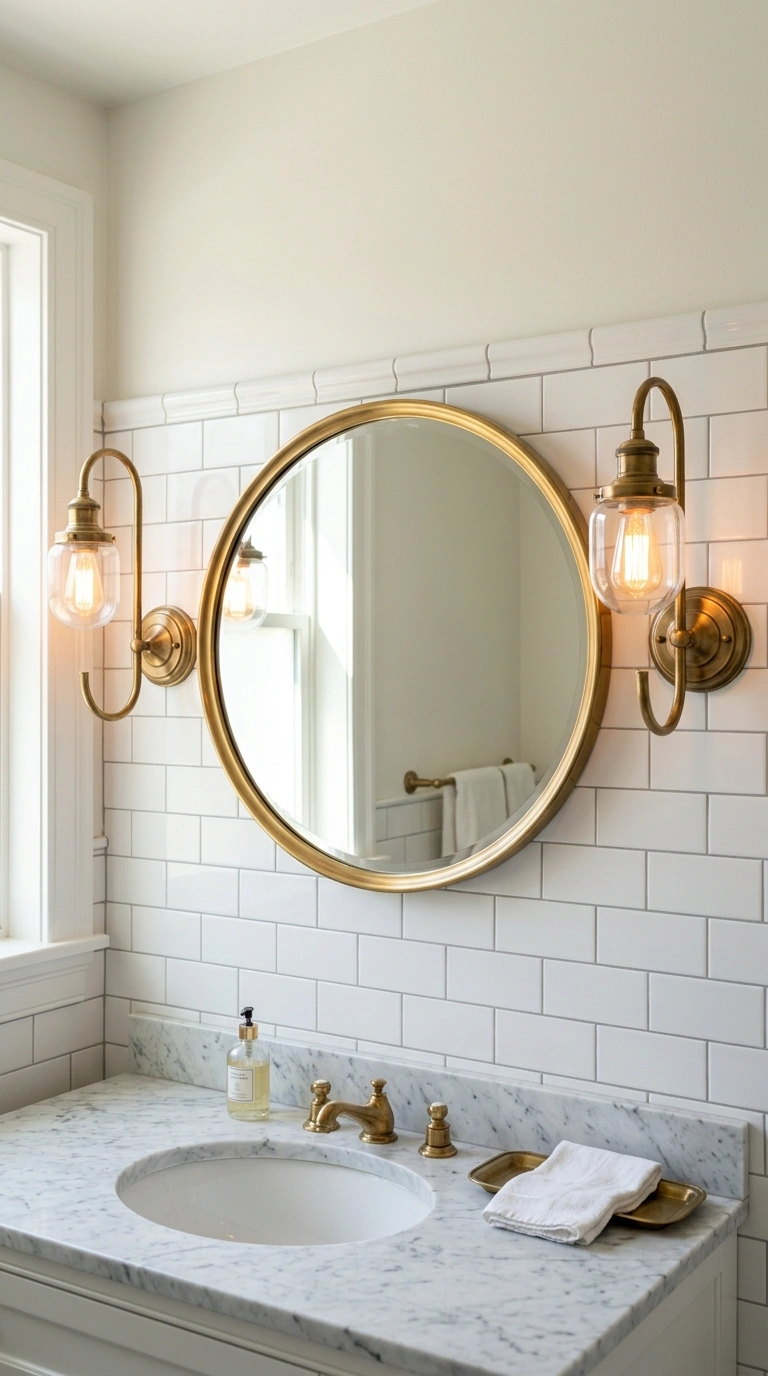 009 Brass Sconces Mirror A bathroom mirror in a round