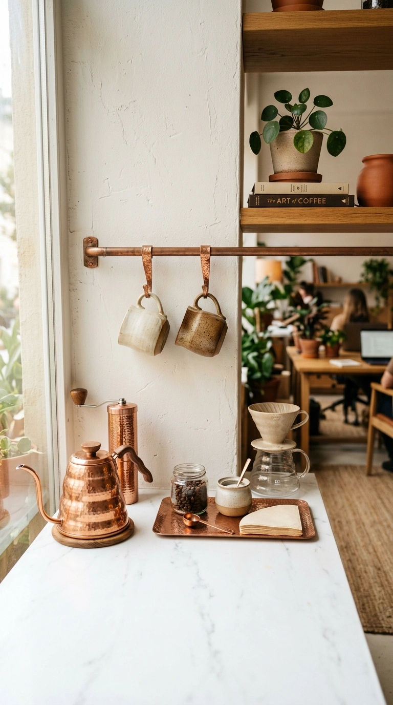 010 Copper Accent Corner A white countertop coffee cor