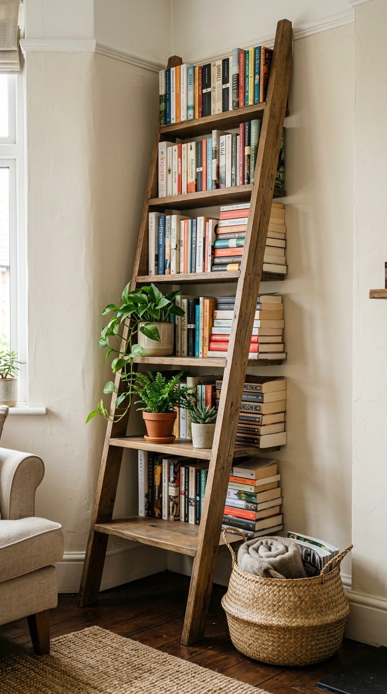 011 Bookshelf Ladder Corner A tall narrow ladder style