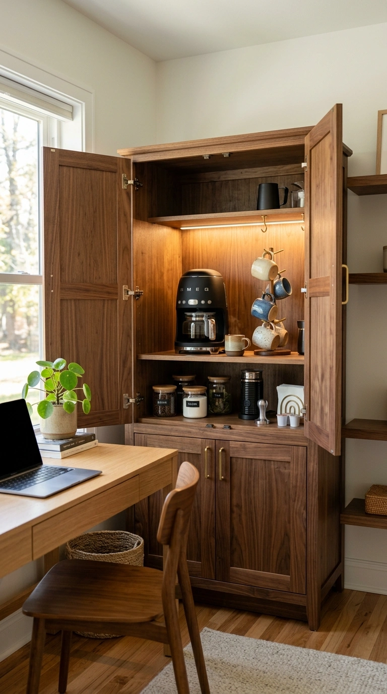 012 Hidden Cabinet Bar An open wood cabinet armoire in