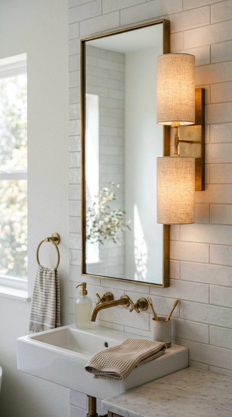 015 Double Sconce Mirror A narrow bathroom mirror with