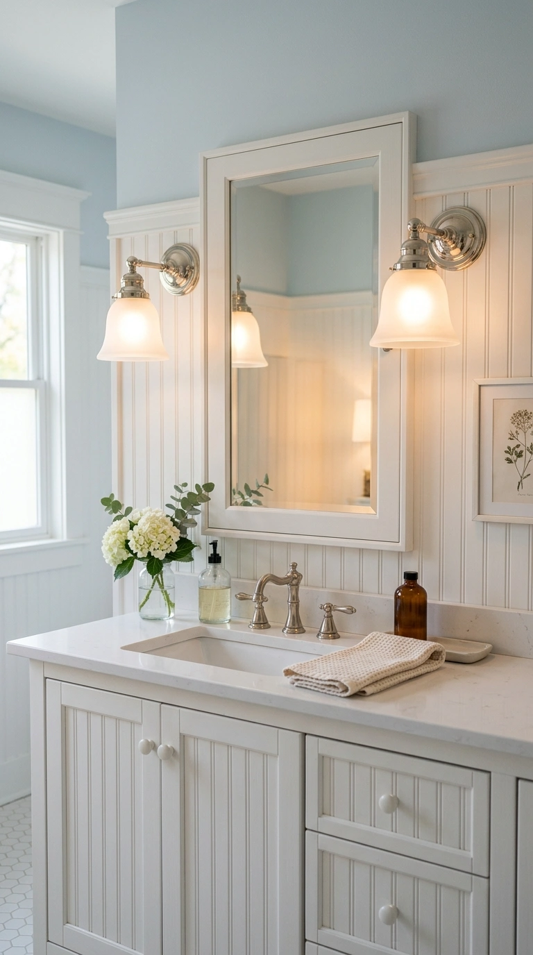 016 Frosted Glass Sconces A bathroom mirror flanked by