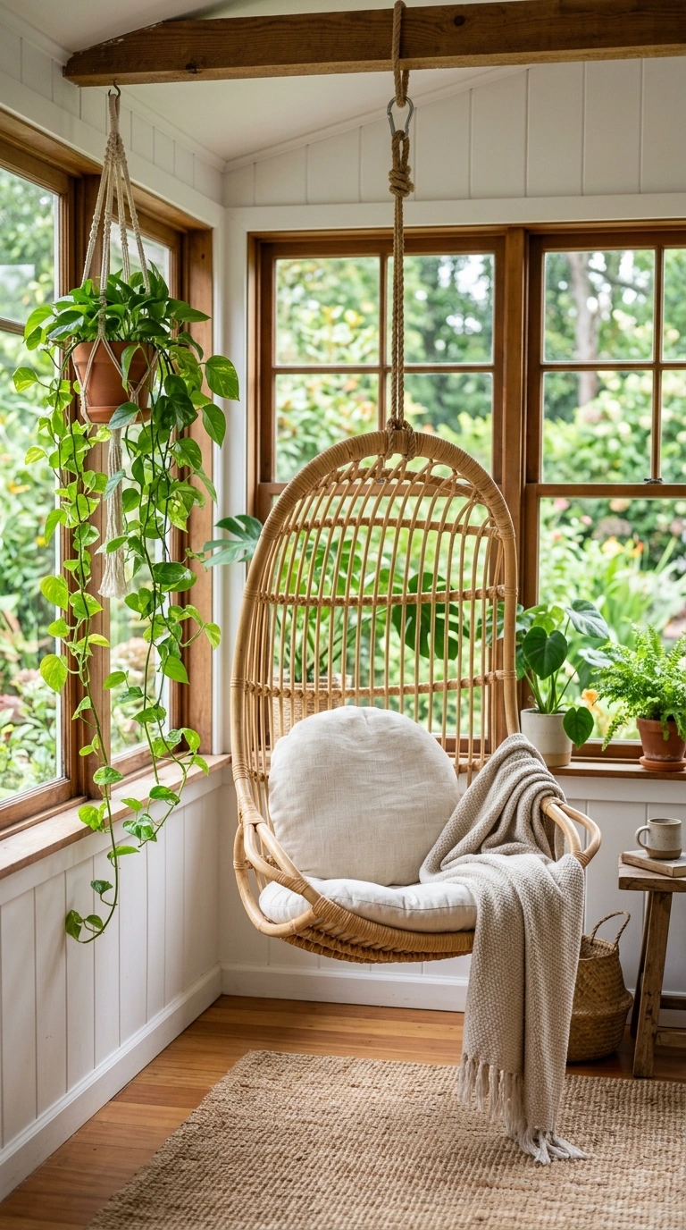 016 Hanging Chair Corner A sunroom corner with a ratta