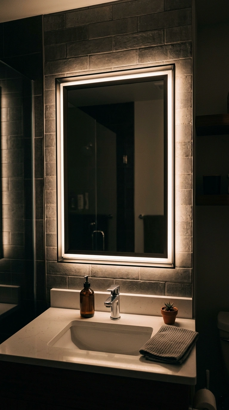 017 Motion Sensor Light A bathroom mirror with a soft