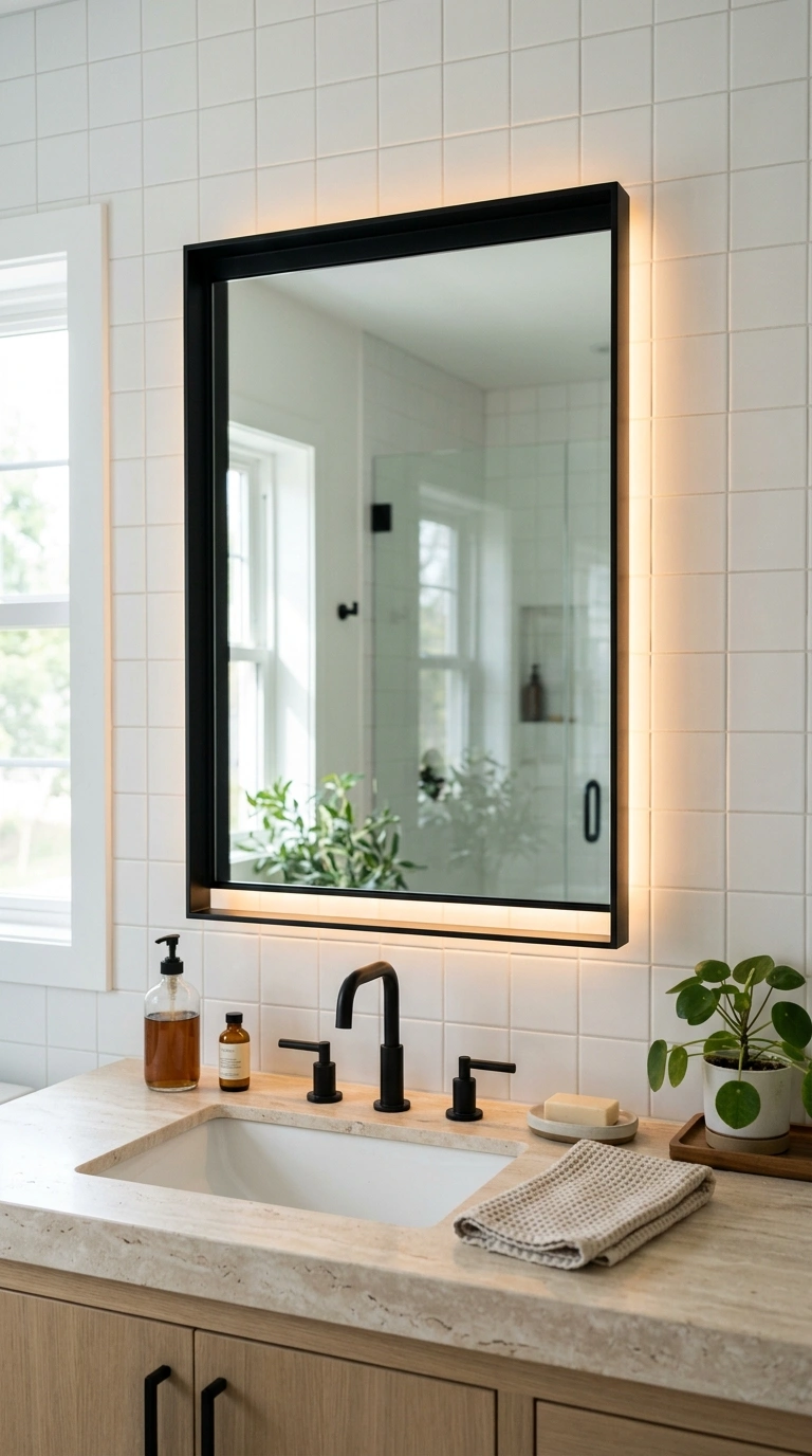 018 Black Frame Mirror A rectangular mirror in a matte