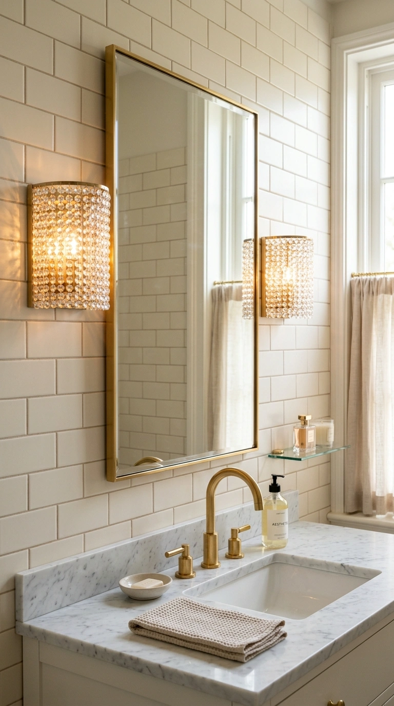 019 Crystal Sconce Pair A bathroom mirror flanked by t
